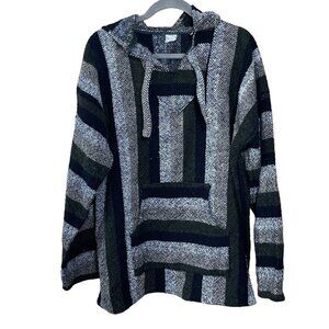 Artesanias FR Baja Hoodie Poncho Blanket Pullover Stripe Gray Green Size L Large